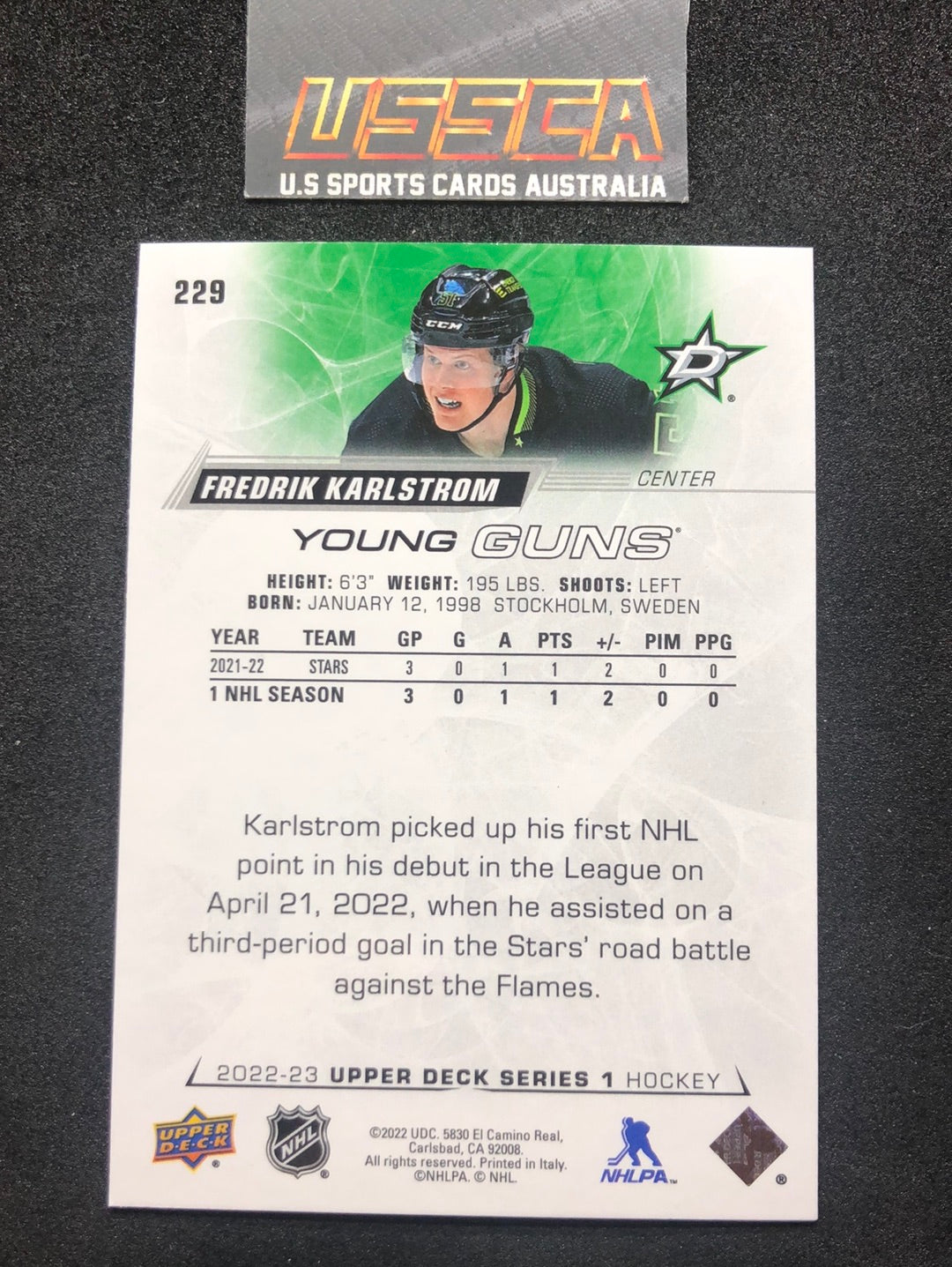 2022-23 Upper Deck Series One #229 - Young Guns - Fredrik Karlstrom - Dallas Stars