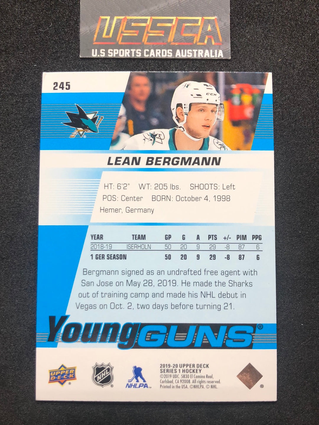 2019-20 Upper Deck Series 1 - Young Guns #245 Lean Bergmann - San Jose Sharks