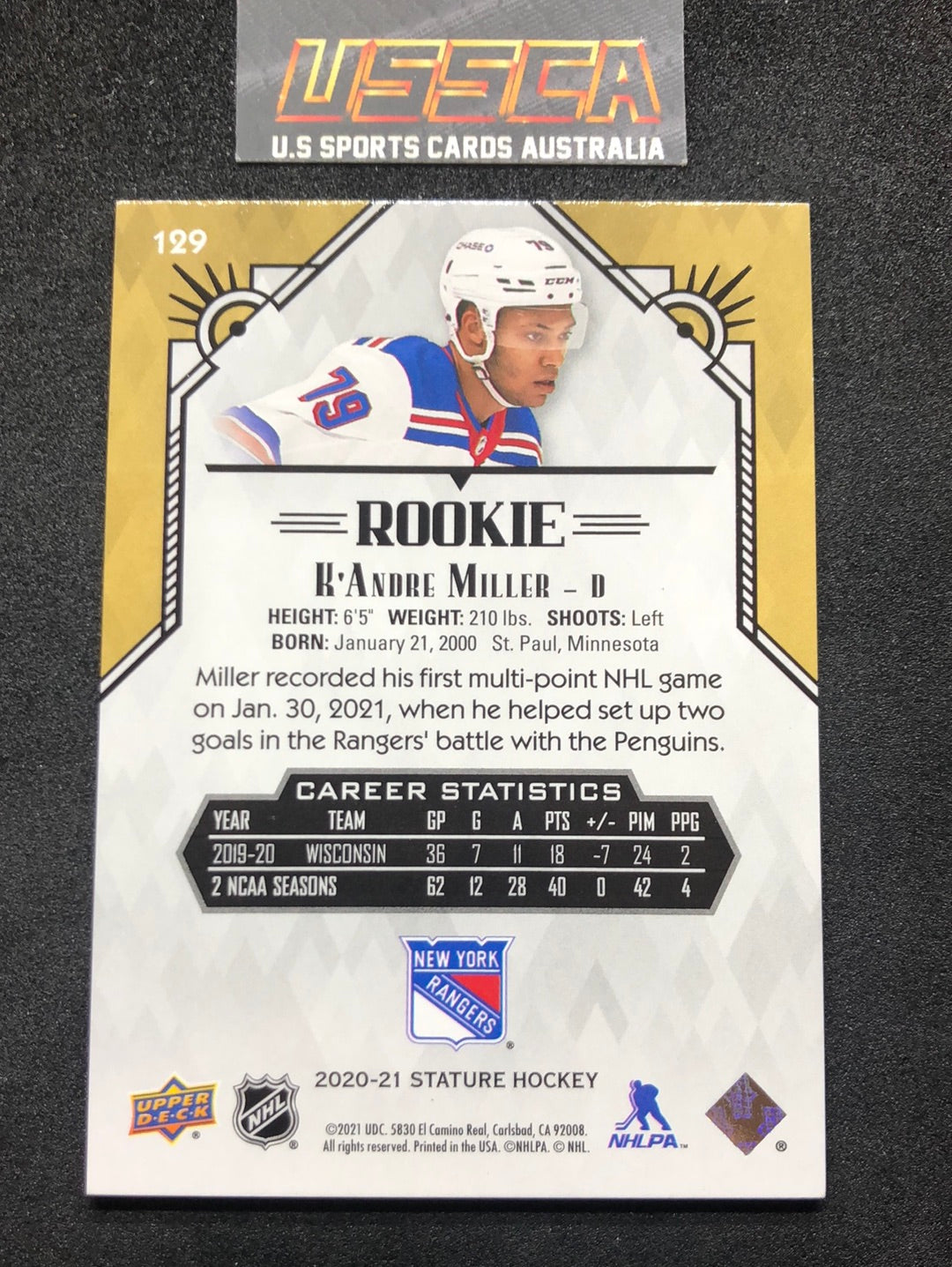 2020-21 Upper Deck Stature Hockey - [Base Rookie] #129 - 368/399 - K'Andre Miller - New York Rangers