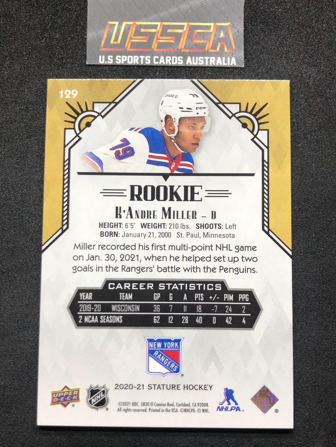 2020-21 Upper Deck Stature Hockey - [Base Rookie] #129 - 231/399 - K'Andre Miller - New York Rangers