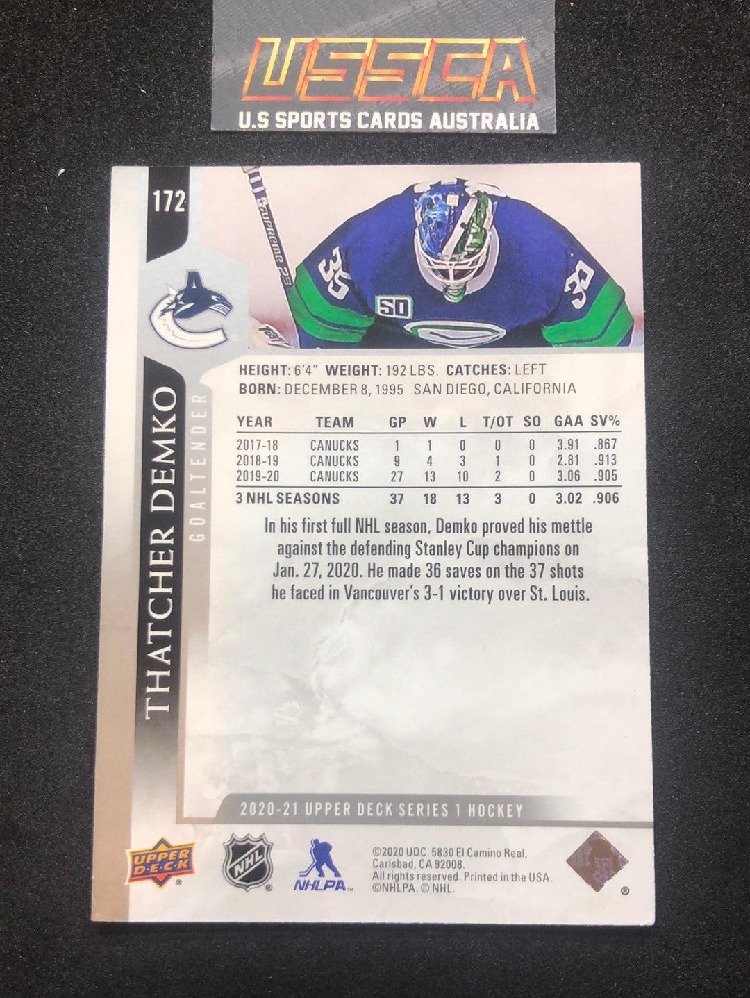 2020-21 Upper Deck Series 1 - Base #172 - Thatcher Demko - Vancouver Canucks