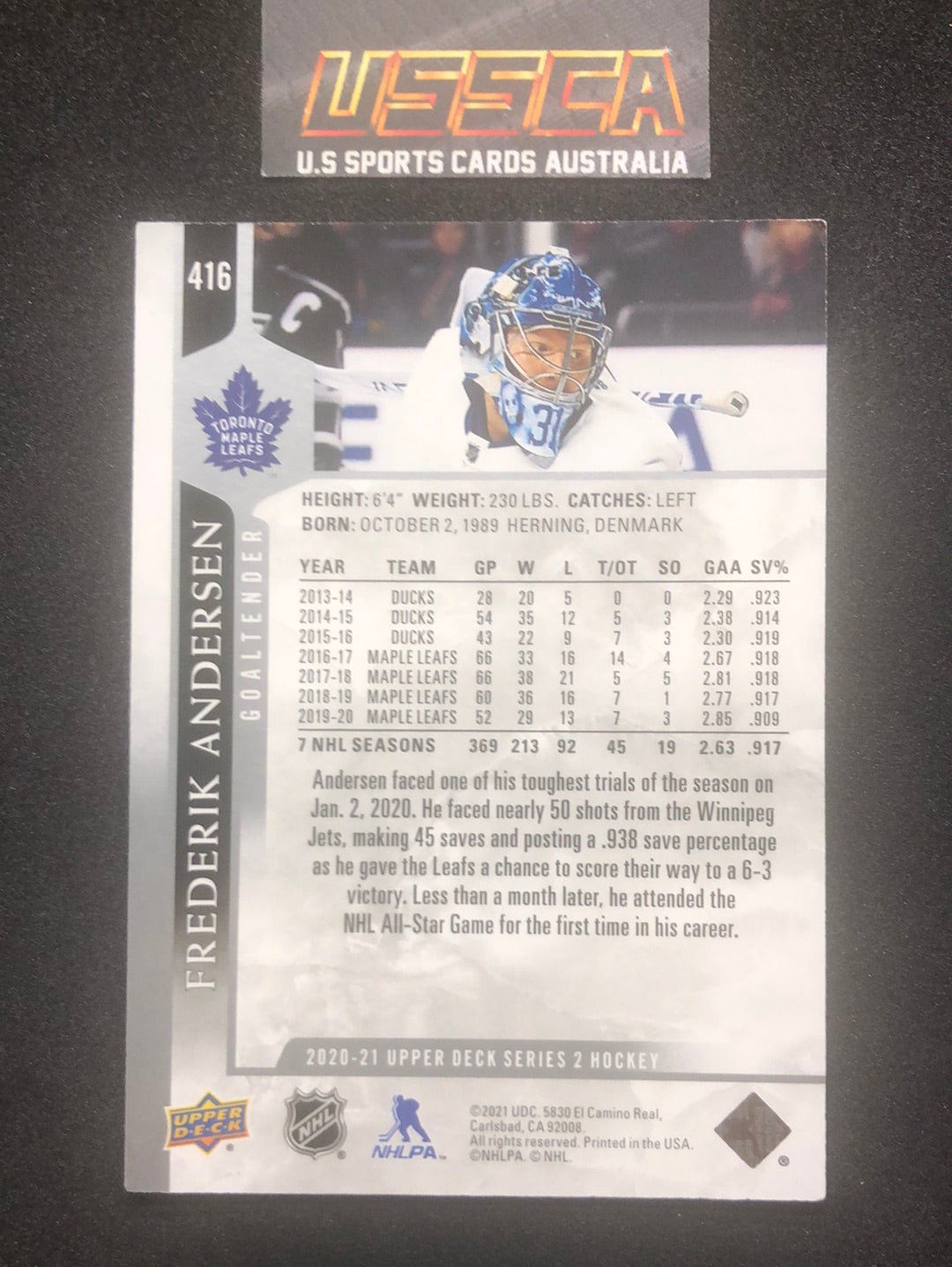 2020-21 Upper Deck Extended Series #416 Frederik Andersen - Toronto Maple Leafs