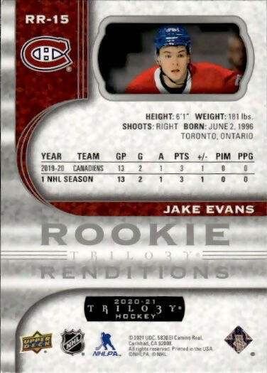 2020-21 Upper Deck Trilogy Hockey - Rookie Renditions #RR-15 Jake Evans - Montreal Canadiens