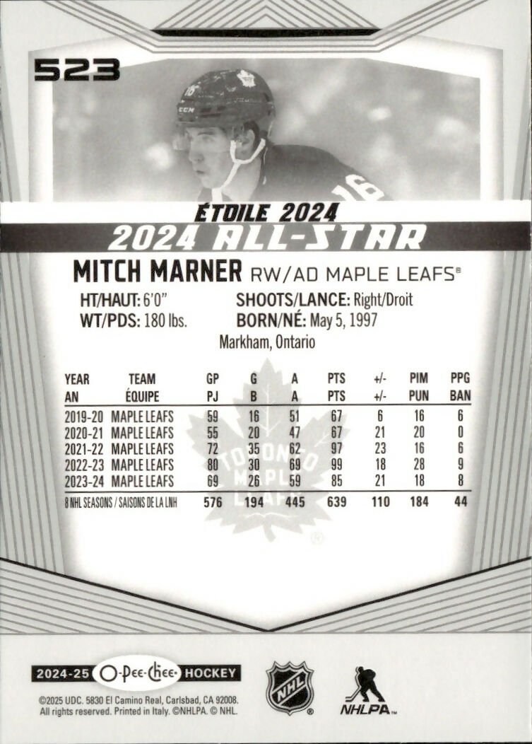2024-25 Upper Deck O-Pee-Chee - Base - All Star #523 Mitch Marner - Toronto Maple Leafs - B