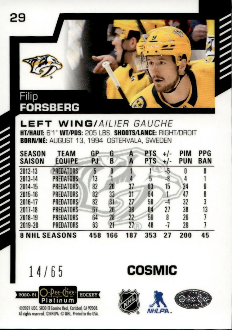 2020-21 Upper Deck O-Pee-Chee Platinum - Base - Cosmic :65 #29 Filip Forsberg - Nashville Predators - B