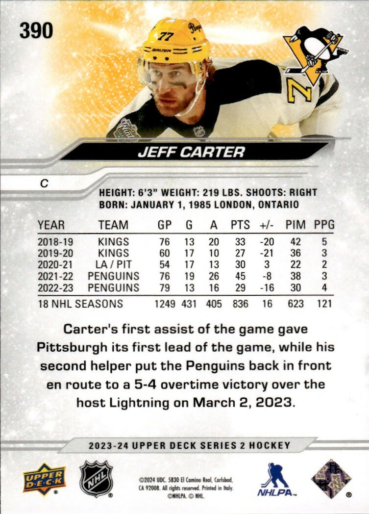 2023-24 Upper Deck Series 2 Hockey - Base #390 Jeff Carter - Pittsburgh Penguins