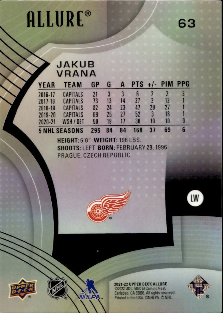2021-22 Upper Deck Allure Hockey - Base #63 Jakub Vrana - Detroit Red Wings - B