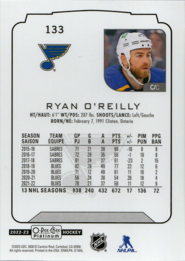 2022-23 Upper Deck O-Pee-Chee Platinum Hockey - Base #133 Ryan O'Reilly - St. Louis Blues