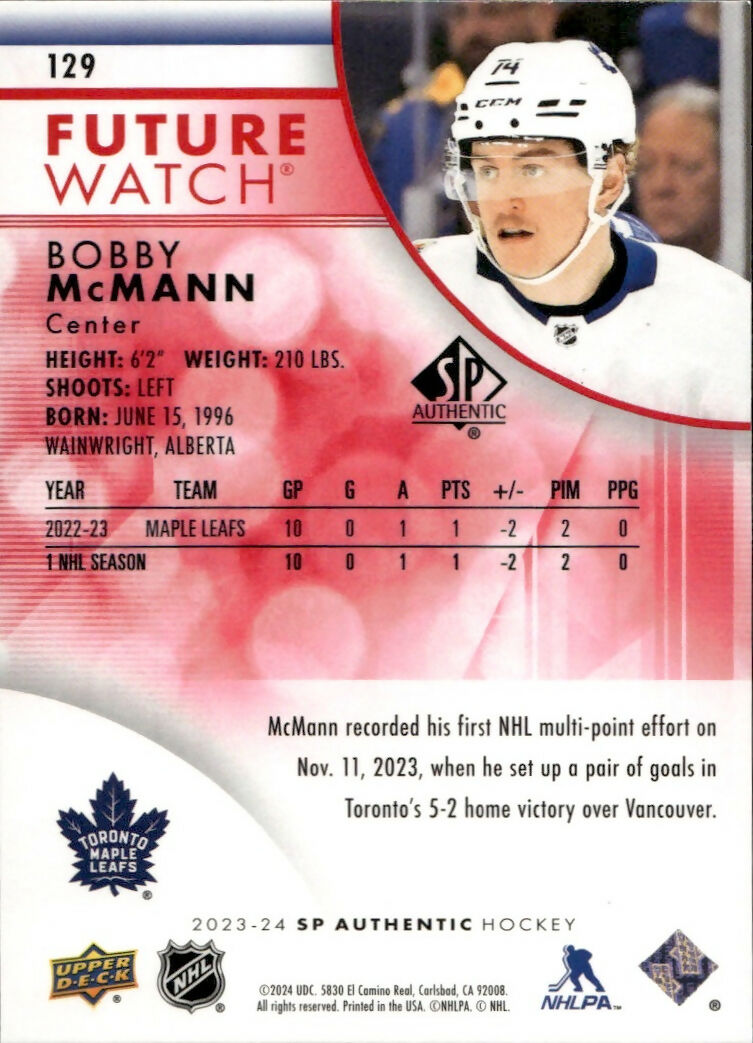 2023-24 Upper Deck SP Authentic Hockey - Base - Red Limited #129 Bobby McMann - Toronto Maple Leafs - B