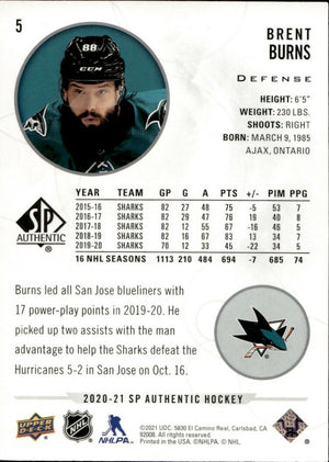 2020-21 Upper Deck Sp Authentic Hockey - Base #5 Brent Burns - San Jose Sharks - B