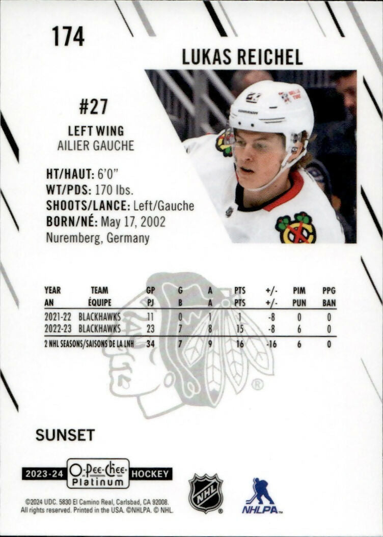 2023-24 Upper Deck O-Pee-Chee Platinum Hockey - Base - Sunset #174 Lukas Reichel - Chicago Blackhawks - B
