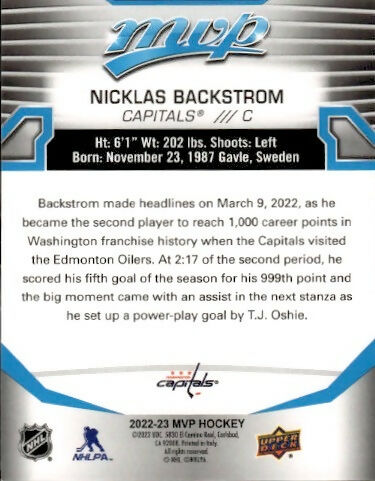 2022-23 Upper Deck MVP Hockey - Base #41 Nicklas Backstrom - Washington Capitals