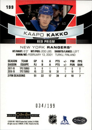 2019-20 Upper Deck O-Pee-Chee Platinum - Base - Red Prizm :199 #199 Kaapo Kakko - New York Rangers - B