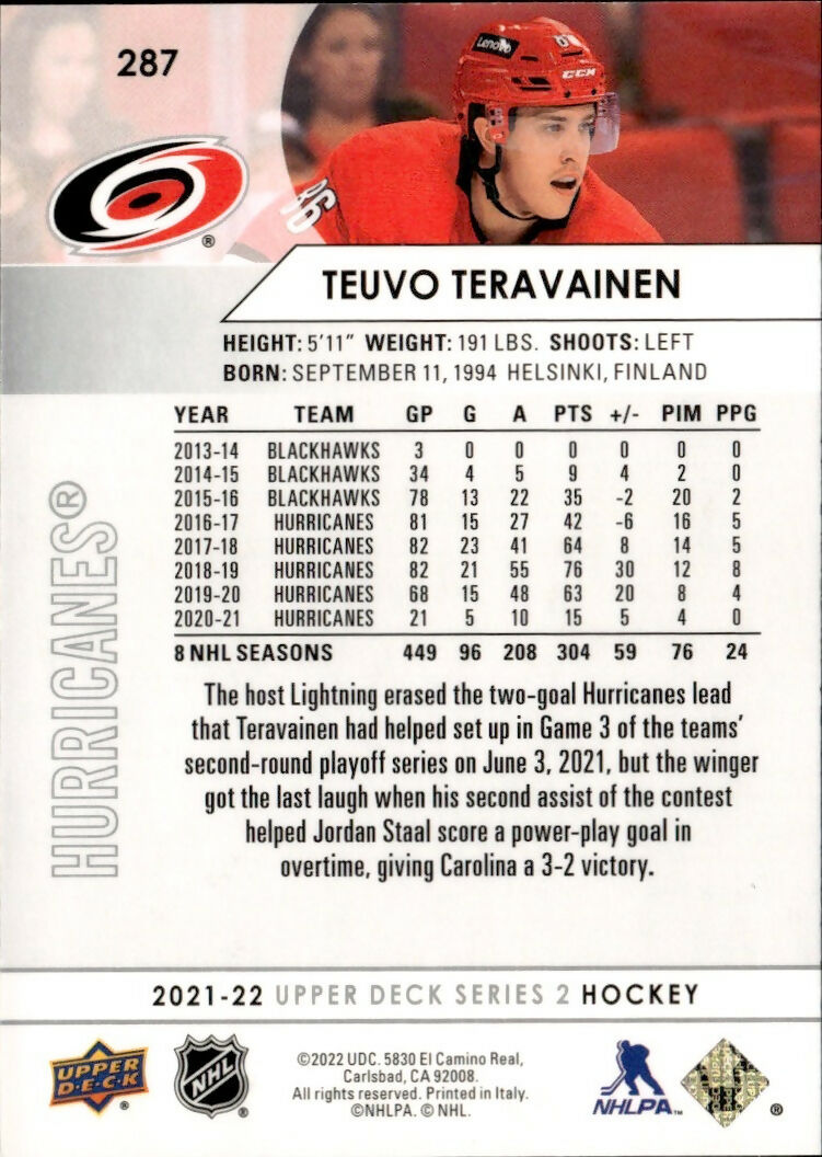 2021-22 Upper Deck Series 2 Hockey - Base #287 Teuvo Teravainen - Carolina Hurricanes - B