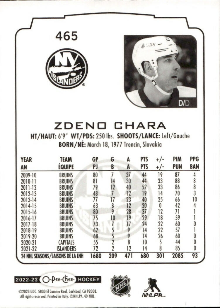 2022-23 Upper Deck O-Pee-Chee Hockey - Base #465 Zdeno Chara - New York Islanders - B