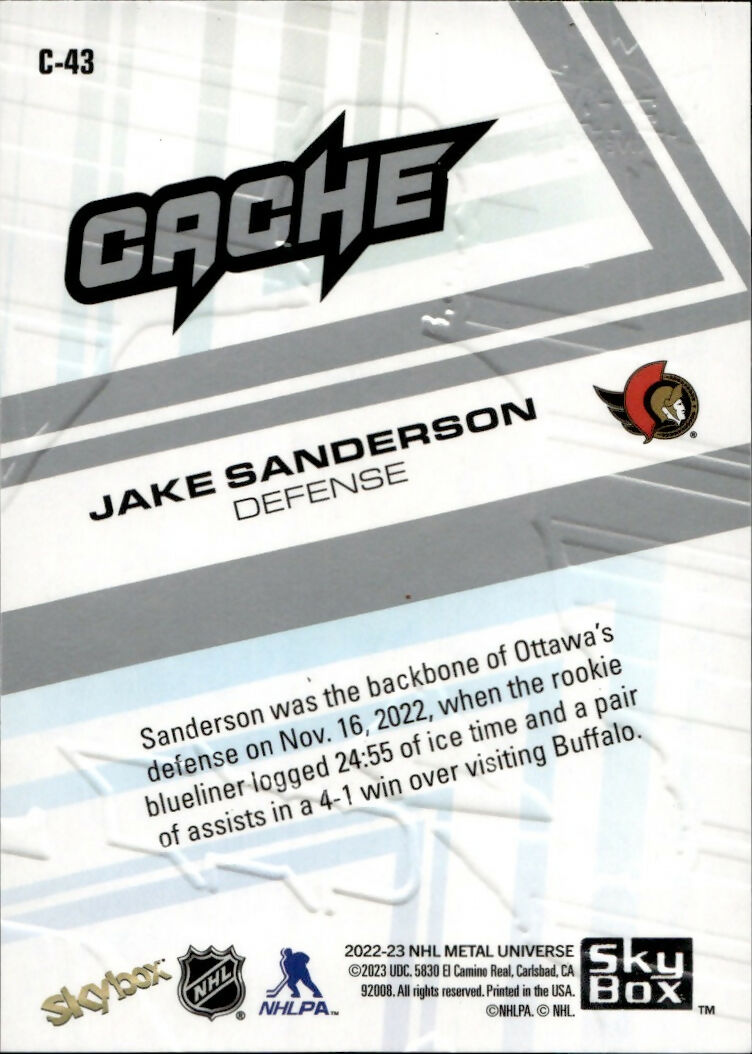 2022-23 Upper Deck Skybox Metal Universe - Cache #C-43 Jake Sanderson - Ottawa Senators - B