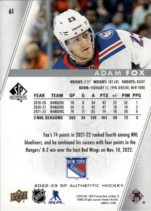 2022-23 Upper Deck SP Authentic Hockey - Base #61 Adam Fox - New York Rangers