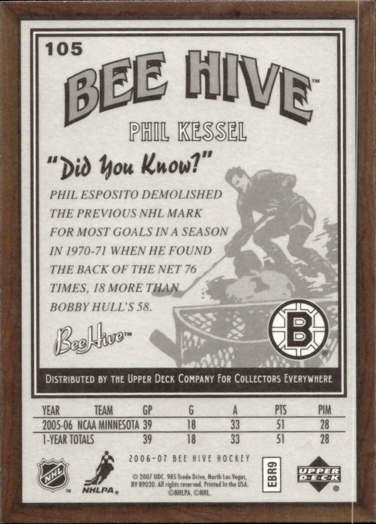 2006-07 Upper Deck - Bee Hive Hockey - Base #105 Phil Kessel - Boston Bruins - B