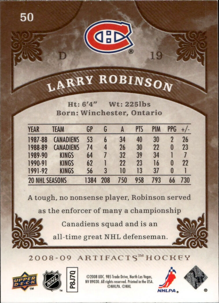 2009-09 Upper Deck Artifacts  - Base #50 Larry Robinson - Montreal Canadiens - B