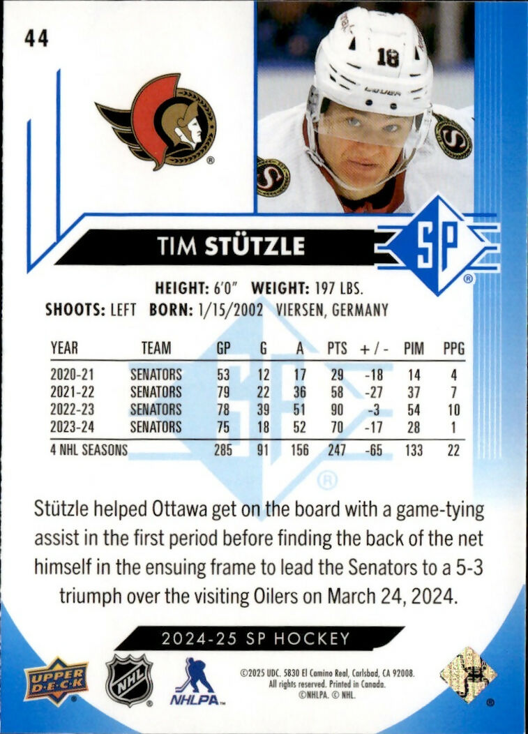2024-25 SP Blue #44 Tim Stutzle Ottawa Senators