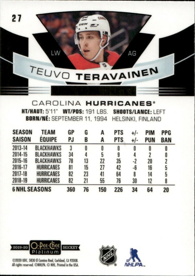 2019-20 Upper Deck O-Pee-Chee Platinum Hockey - Base #27 Teuvo Teravainen - Carolina Hurricanes