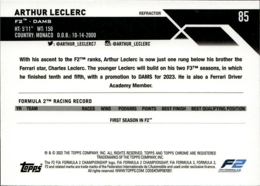 2023 Topps Chrome Formula 1 Base #85 - F2 Drivers - Refractor Arthur LeClerc - F2 Dams - B