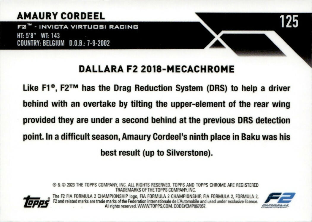 2023 Topps Chrome Formula 1 Base #125 - F2 Cars - Refractor - Purple :399 Amaury Cordeel - F2 Invicta Virtuosi Racing - B