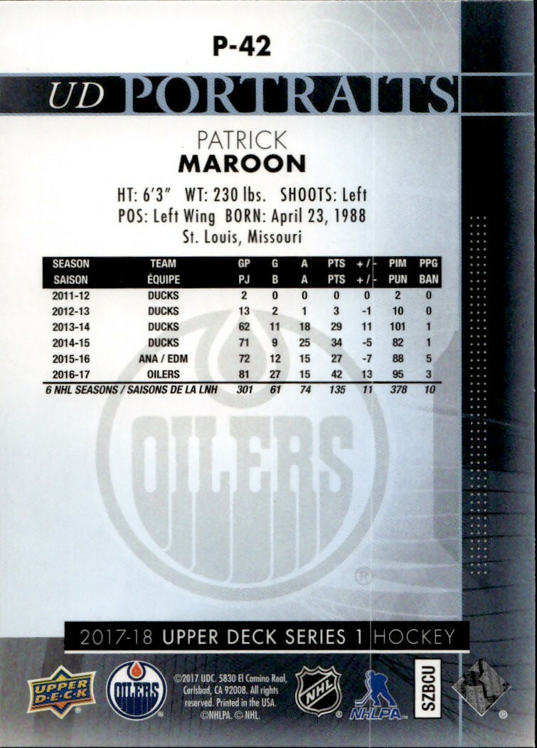 2017-18 Upper Deck Series 1 Hockey - UD Portraits #P-42 Patrick Maroon - Edmonton Oilers