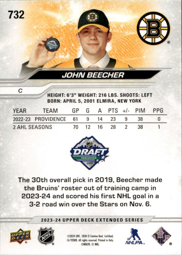 2023-24 Upper Deck Extended Series - Base - 1st Round Rookies #732 John Beecher - Boston Bruins - B