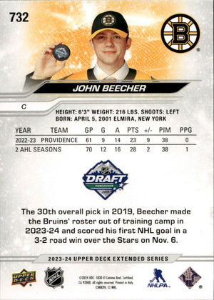 2023-24 Upper Deck Extended Series - Base - 1st Round Rookies #732 John Beecher - Boston Bruins - B