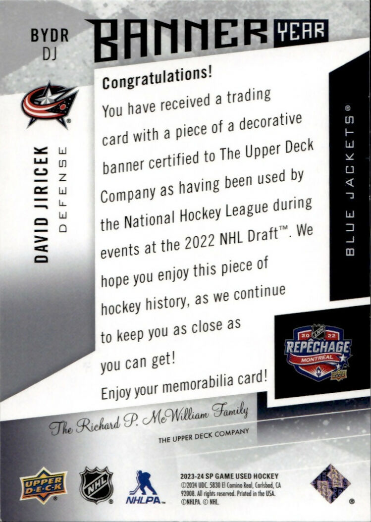 2023-24 Upper Deck SP Game Used Hockey - Banner Year #BYDR-DJ David Jiricek - Columbus Blue Jackets - BB