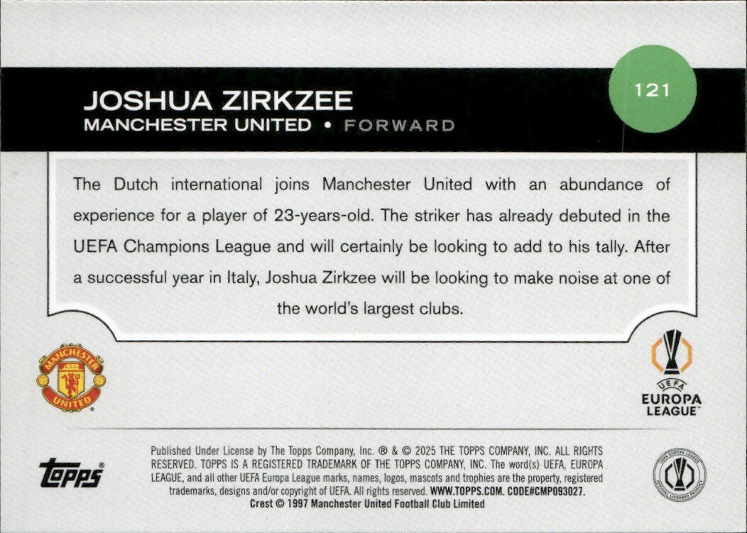 2024-25 Topps UEFA Club Competitions - Base #121 Joshua Zirkzee - Manchester United - B