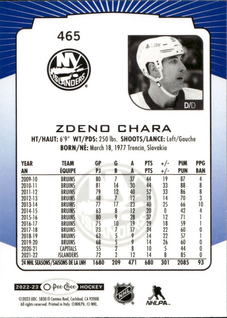 2022-23 Upper Deck O-Pee-Chee Hockey - Base - Blue #465 Zdeno Chara - New York Islanders - B