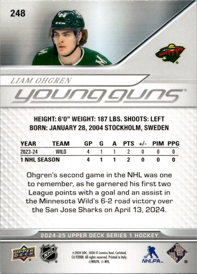 2024-25 Upper Deck Series 1 Hockey - Base - Young Guns #248 Liam Ohgren - Minnesota Wild - B