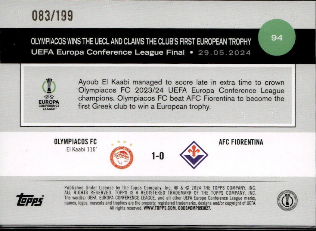 2024-25 Topps UEFA Club Competitions - Base - Neon Green Foilboard #94 Olympiacos FC - Uefa Europa Conference League Final - B