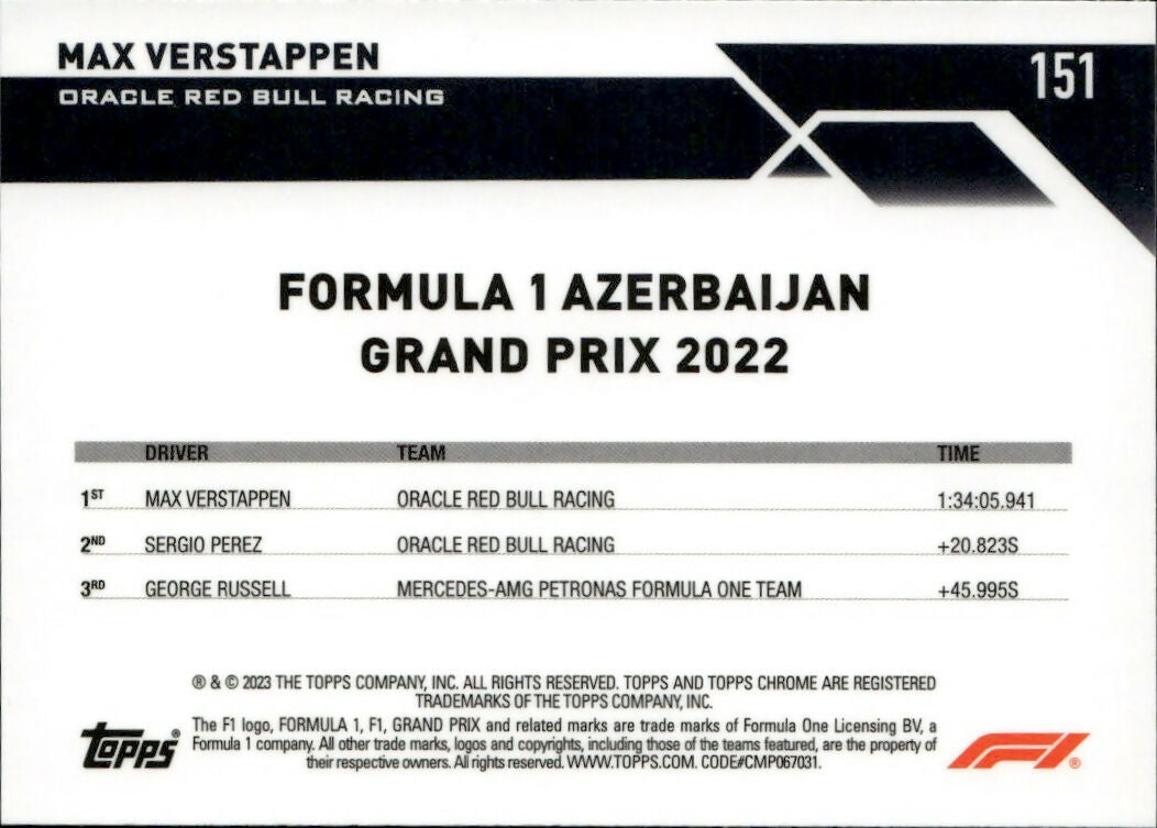 2023 Topps Chrome Formula 1 Base #151 - Grand Prix Winners Max Verstappen - Oracle Red Bull Racing - B