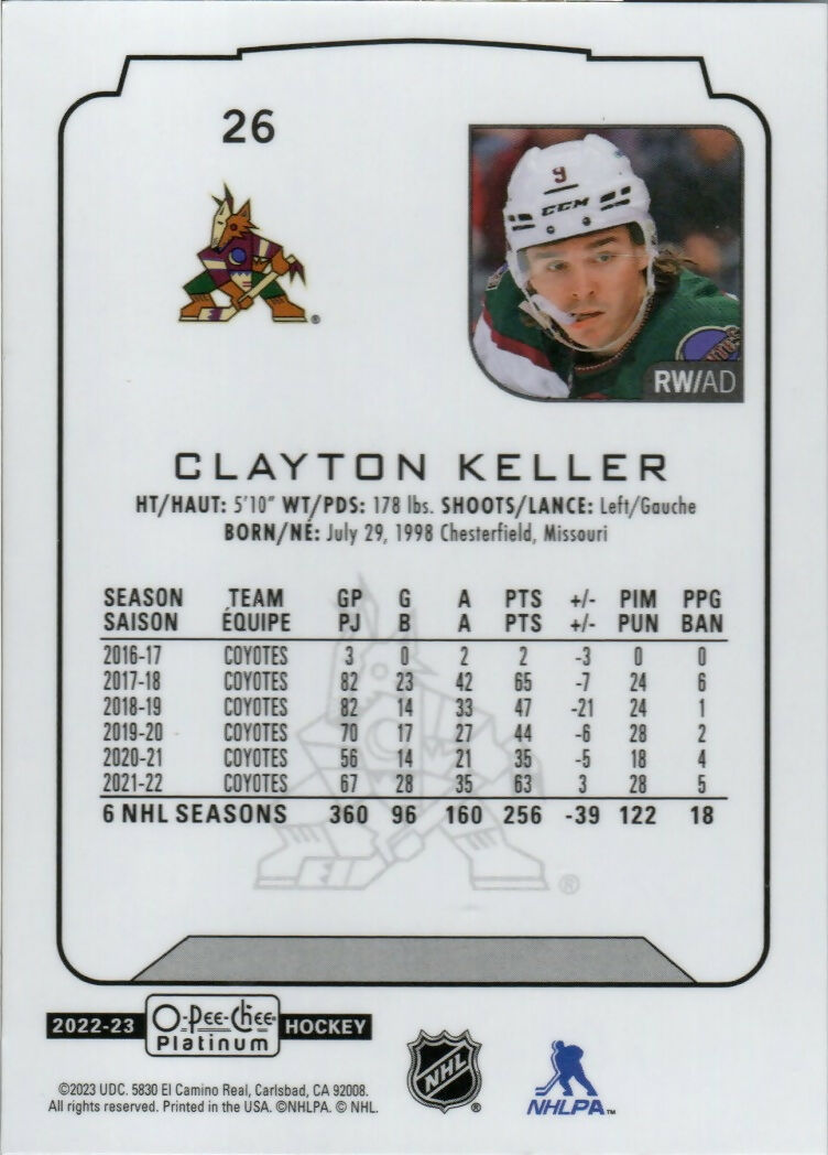 2022-23 Upper Deck O-Pee-Chee Platinum Hockey - Base #26 Clayton Keller - Arizona Coyotes