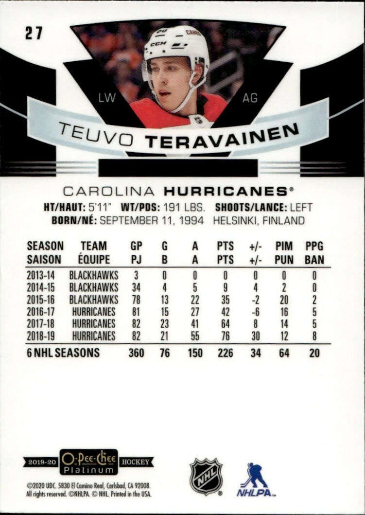 2019-20 Upper Deck O-Pee-Chee Platinum Hockey - Base #27 Teuvo Teravainen - Carolina Hurricanes