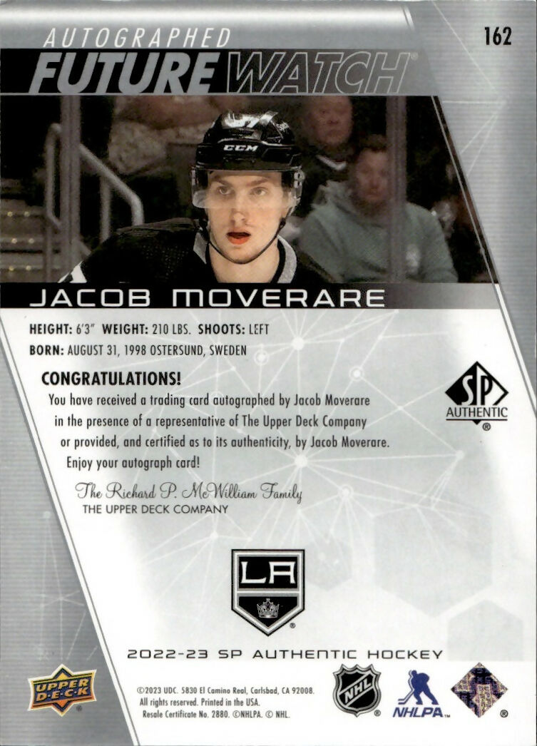 2022-23 Upper Deck SP Authentic Hockey - Base - Future Watch Auto :999 #162 Jacob Moverare - Los Angeles Kings - B