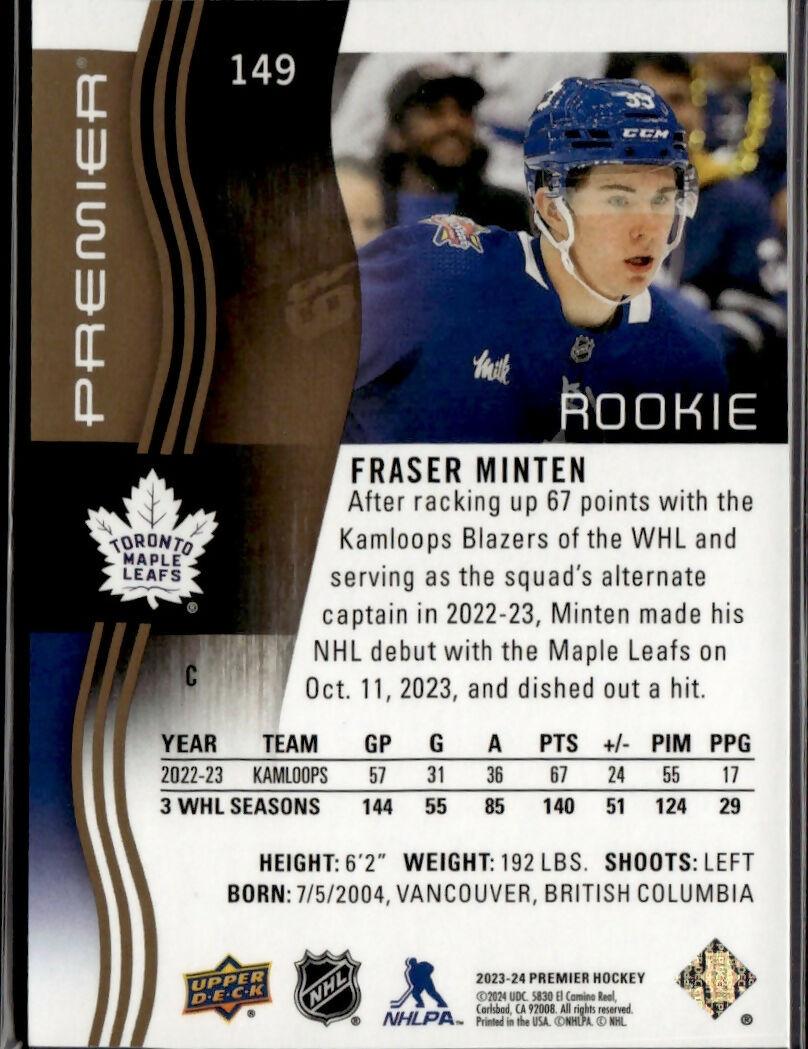 2023-24 Upper Deck Premier Hockey - Base - Rookie - Gold :65 #149 Fraser Minton - Toronto Maple Leafs - B