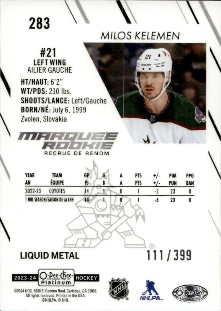 2023-24 Upper Deck O-Pee Chee Platinum Hockey - Base - Marquee Rookie - Liquid Metal :399 #283 Milos Kelemen - Arizona Coyotes - B