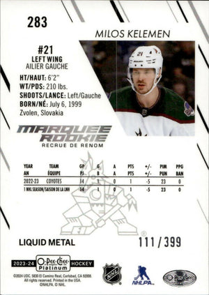 2023-24 Upper Deck O-Pee Chee Platinum Hockey - Base - Marquee Rookie - Liquid Metal :399 #283 Milos Kelemen - Arizona Coyotes - B