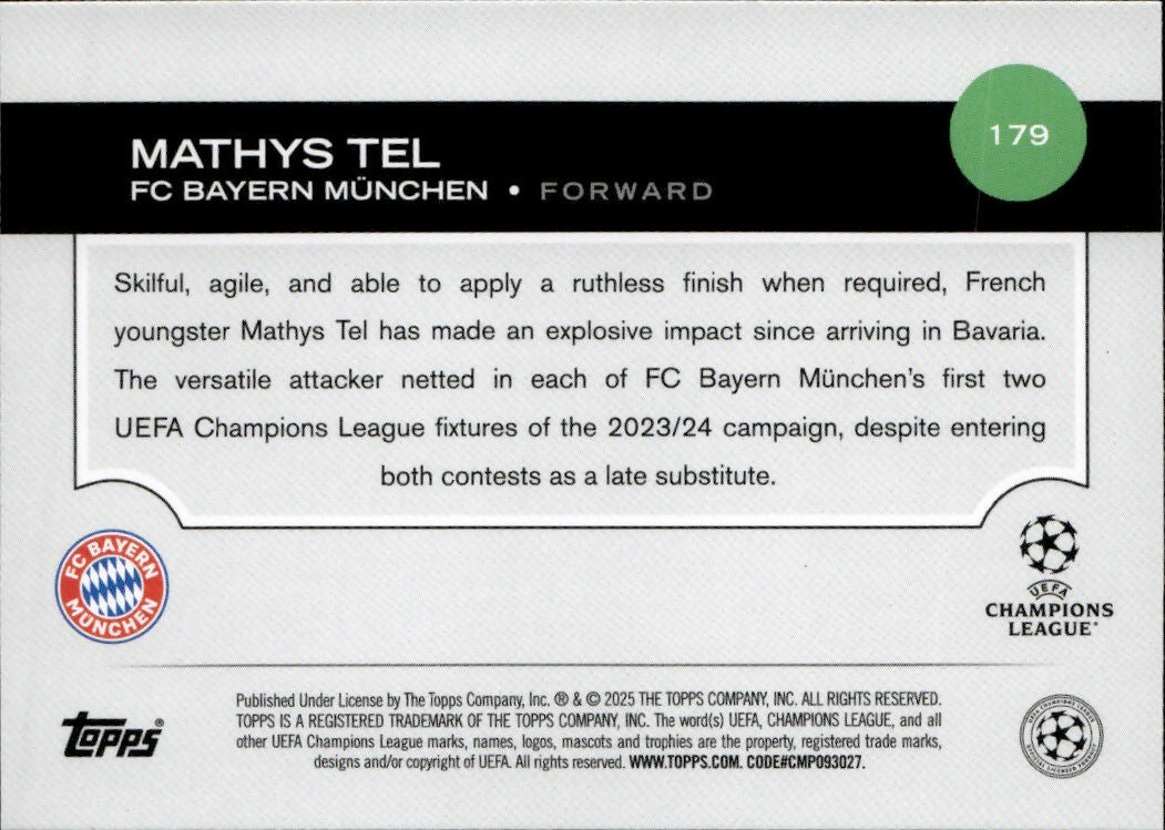 2024-25 Topps UEFA Club Competitions - Base #179 Mathus Tel - PC Bayern Munchen - B