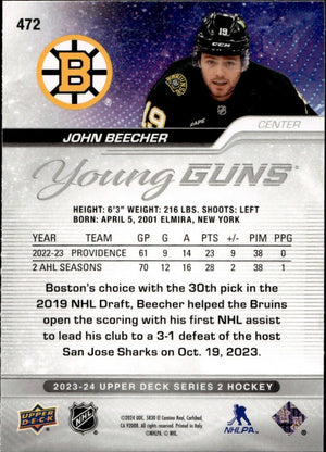 2023-24 Upper Deck Series 2 Hockey - Base - Young Guns #472 John Beecher - Boston Bruins - B