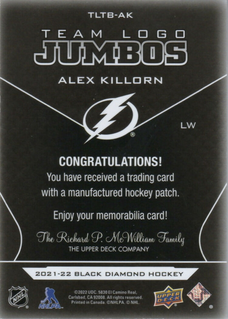 2021-22 Upper Deck Black Diamond Hockey - Team Logo Jumbos /15 #TLTB-AK Alex Killorn - Tampa Bay Lightning