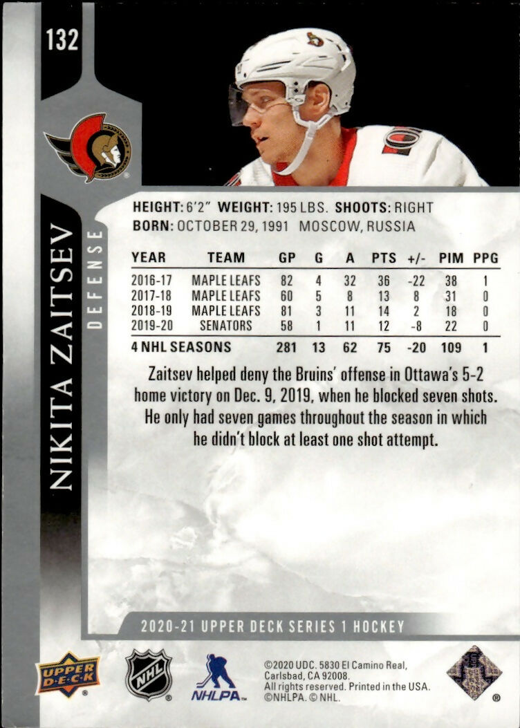 2020-21 Upper Deck Series 1 Hockey #132 Nikita Zaitsev - Ottawa Senators