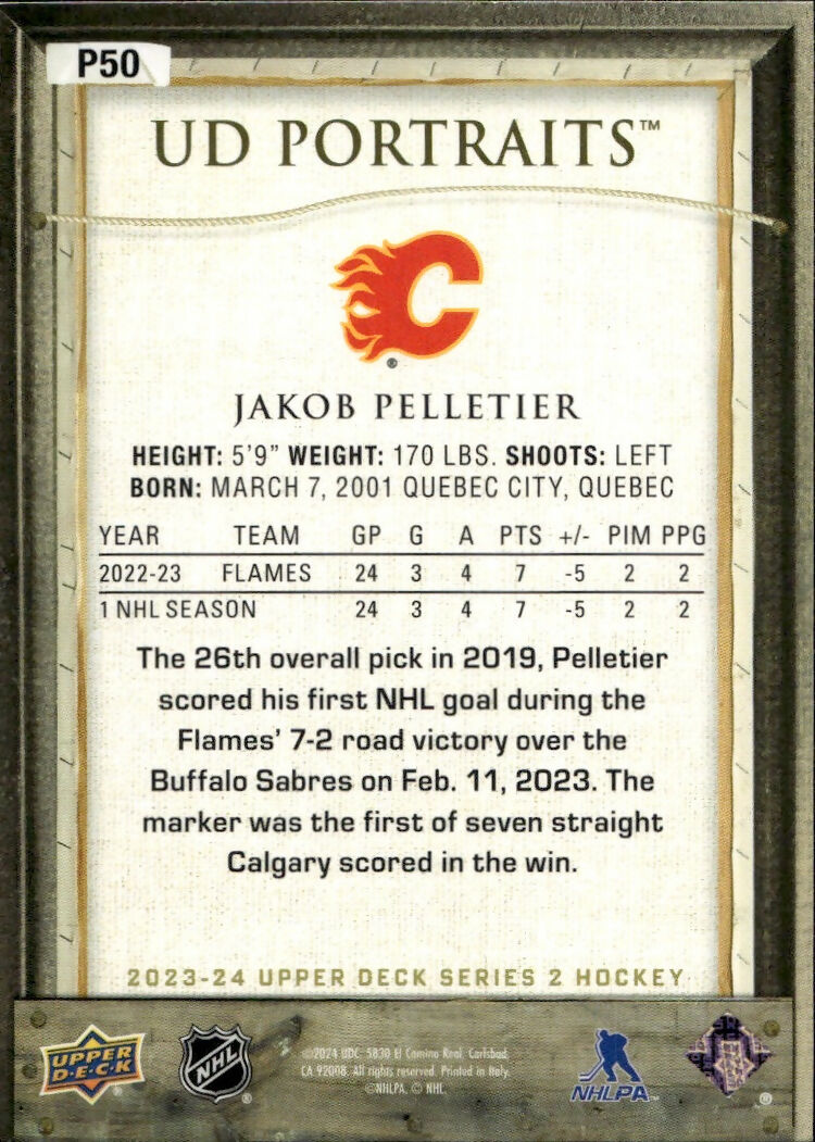 2023-24 Upper Deck Series 2 Hockey - Portraits #P-50 Jakob Pelletier - Calgary Flames - B
