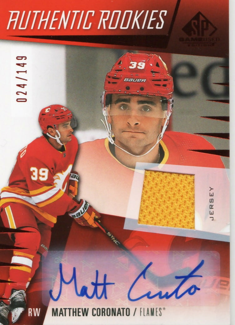 2023-24 Upper Deck SP Game Used Hockey - Base - Red - Patch - Auto :149 #236 Matthew Coronato - Calgary Flames - A