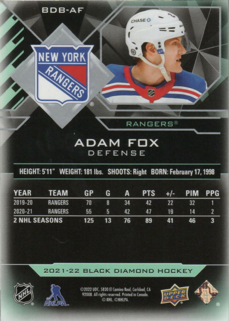 2021-22 Upper Deck Black Diamond - Base :349 #BDB-AF Adam Fox - New York Rangers - B