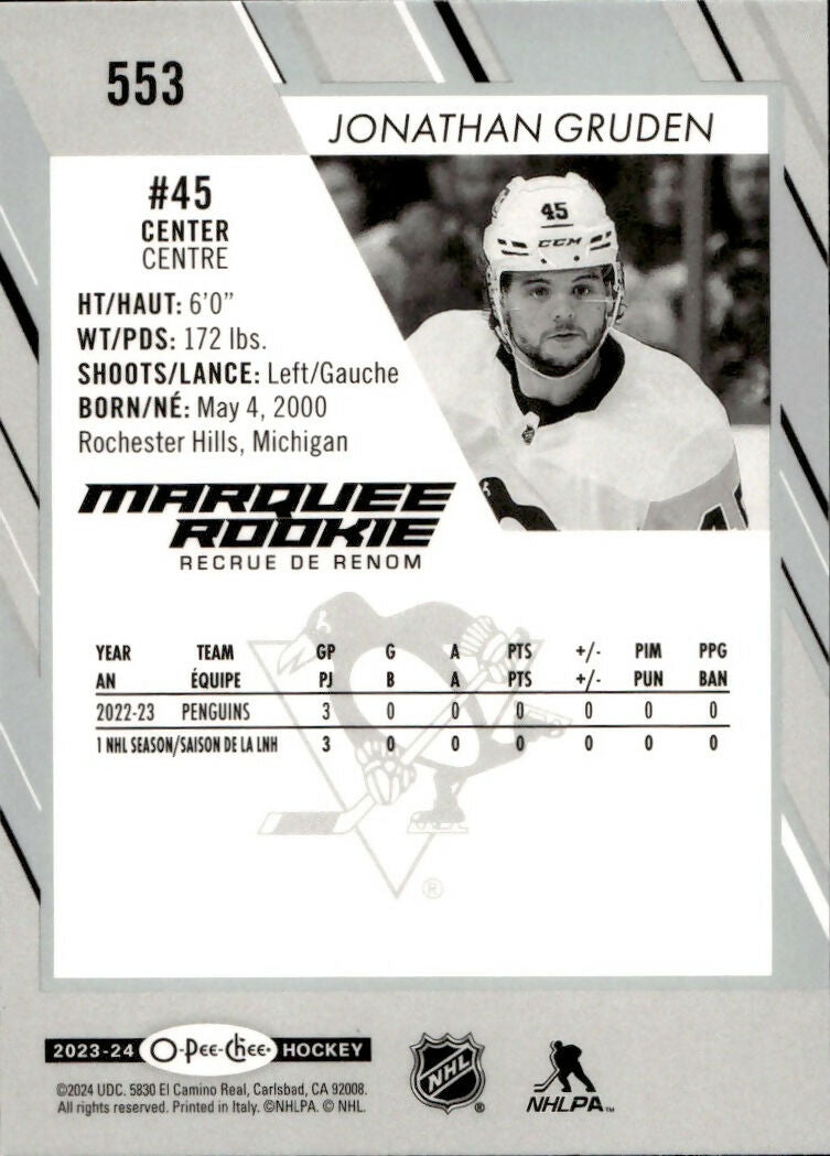 2023-24 Upper Deck O-Pee-Chee Hockey - Base - Marquee Rookies #533 Jonathan Gruden - Pittsburgh Penguins - B